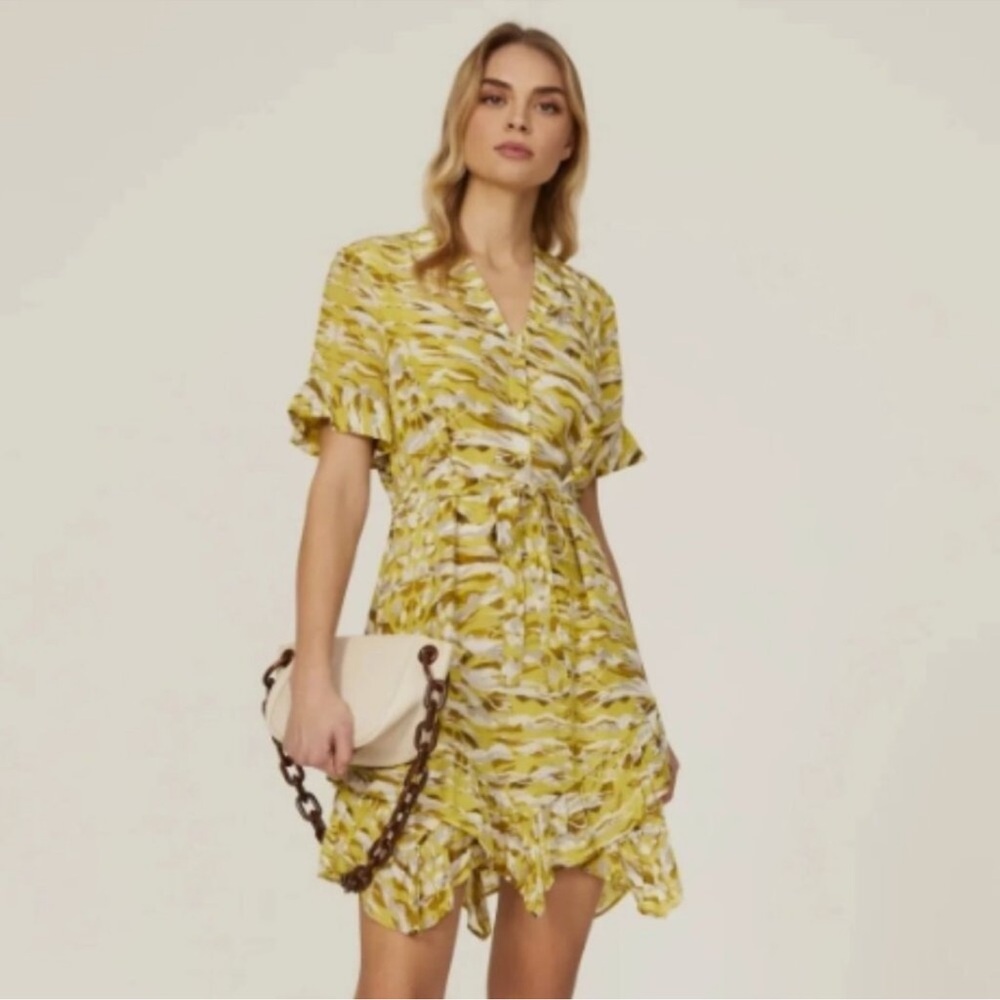All Saints Frankie Oniyuri Yellow White Layered Abstract Short Belted Dress US 2